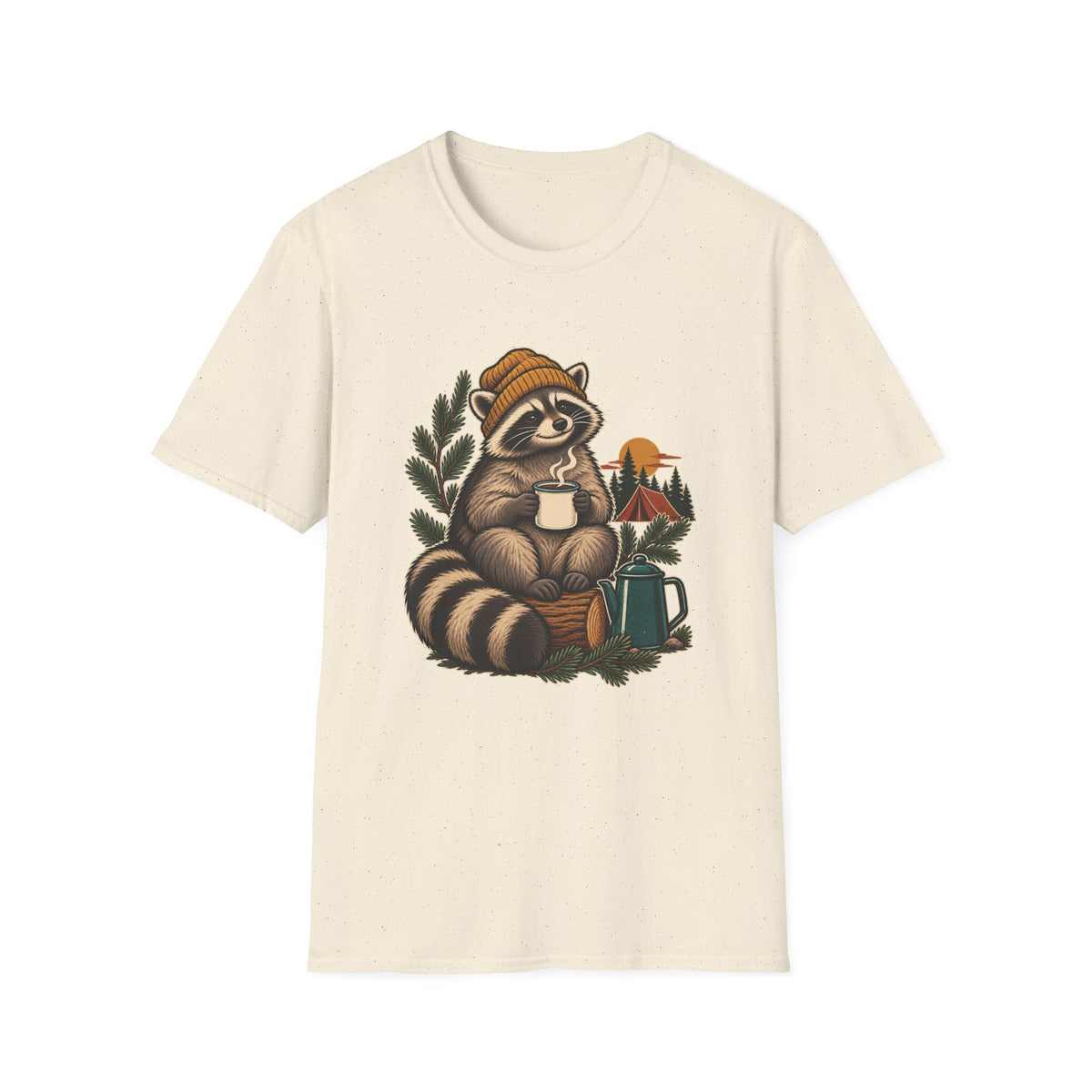 Camping Coffee T-Shirt | Cozy Raccoon Campsite Art