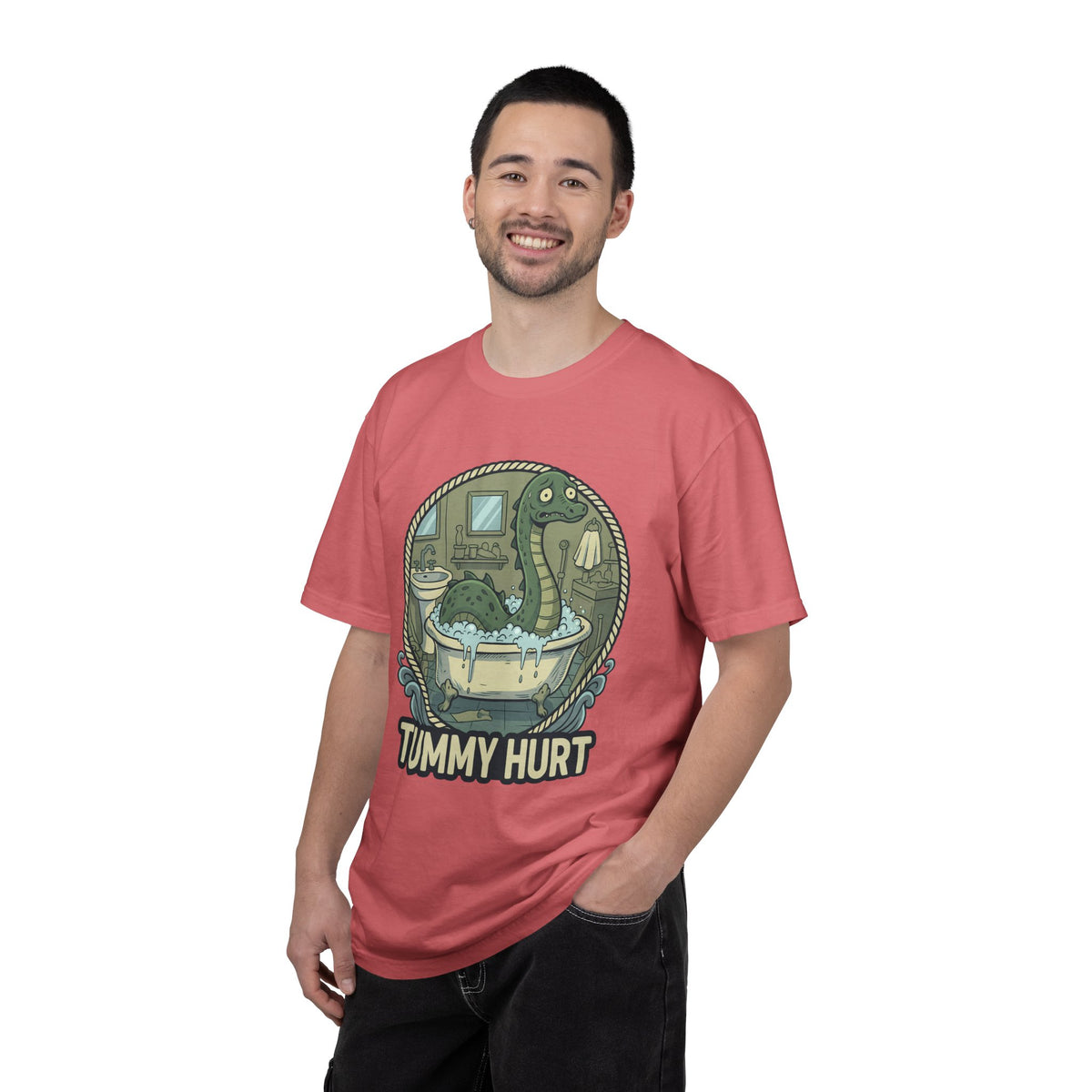 Tummy Hurt Loch Ness Monster bathing in tub T-Shirt | Funny Nessie Illustration