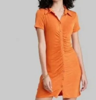 Wild Fable Orange Collared Short Sleeve Button-up Dress, Size S