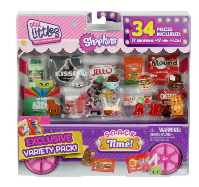 Shopkins Real Littles, Variety Pack, 17 Shopkins Plus 17 Real Branded Mini Packs, 34 Total Pieces, Styles May Vary, Ages 5+