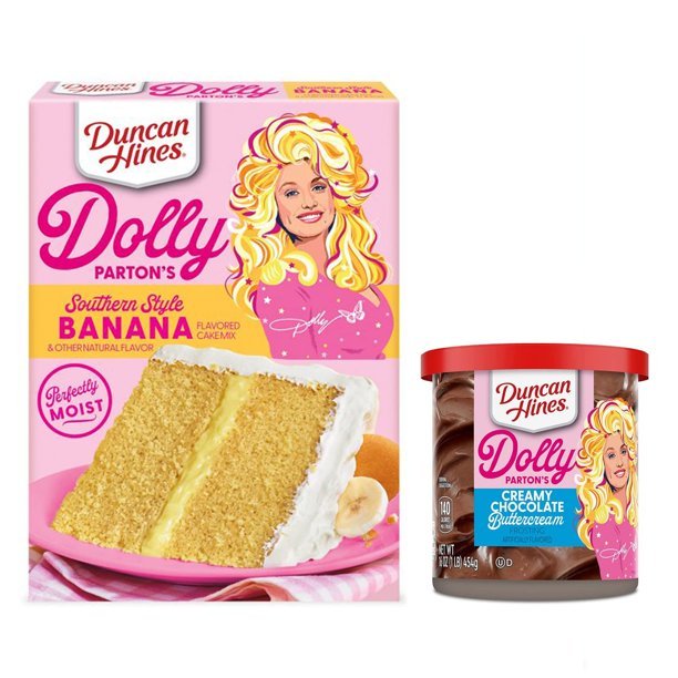 Duncan Hines Dolly Parton's Banana And Coconut Cake Mixes with Buttercream and Chocolate Frostings and Spatula - 5 item bundle