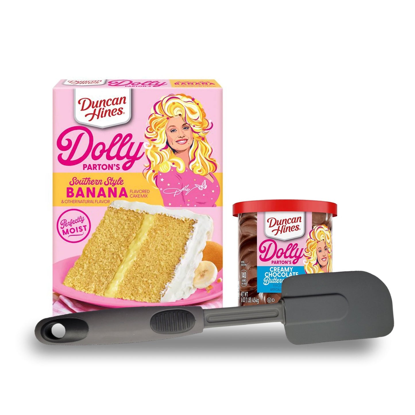 Duncan Hine's Dolly Parton's Favorite Southern-Style Banana Cake Mix with Spatula Gift Set! Banana Flavored Cake Mix With Chocolate Frosting.