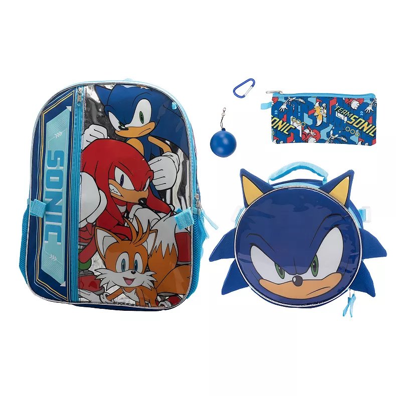 Sonic The Hedgehog Backpack, Lunch Pack, Accessories Pouch, Carabineer, Squish Ball Dangle 5 pc School Combo