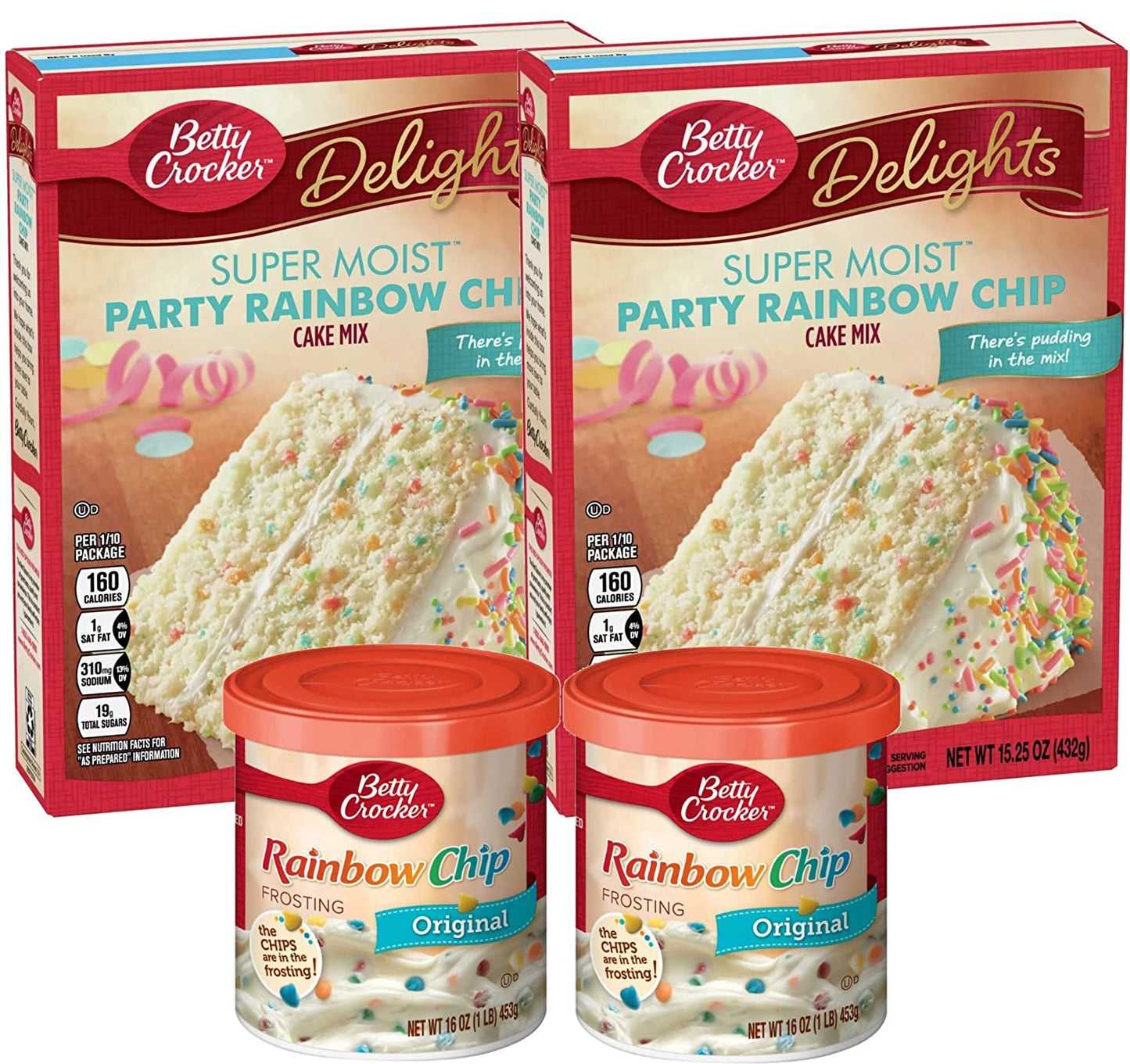 Betty Crocker Super Moist Party Rainbow Chip Cake Mix and Betty Crocker Rainbow Chip Frosting Bundle - 2 of Each - 4 Items "There's Pudding in the Mix"