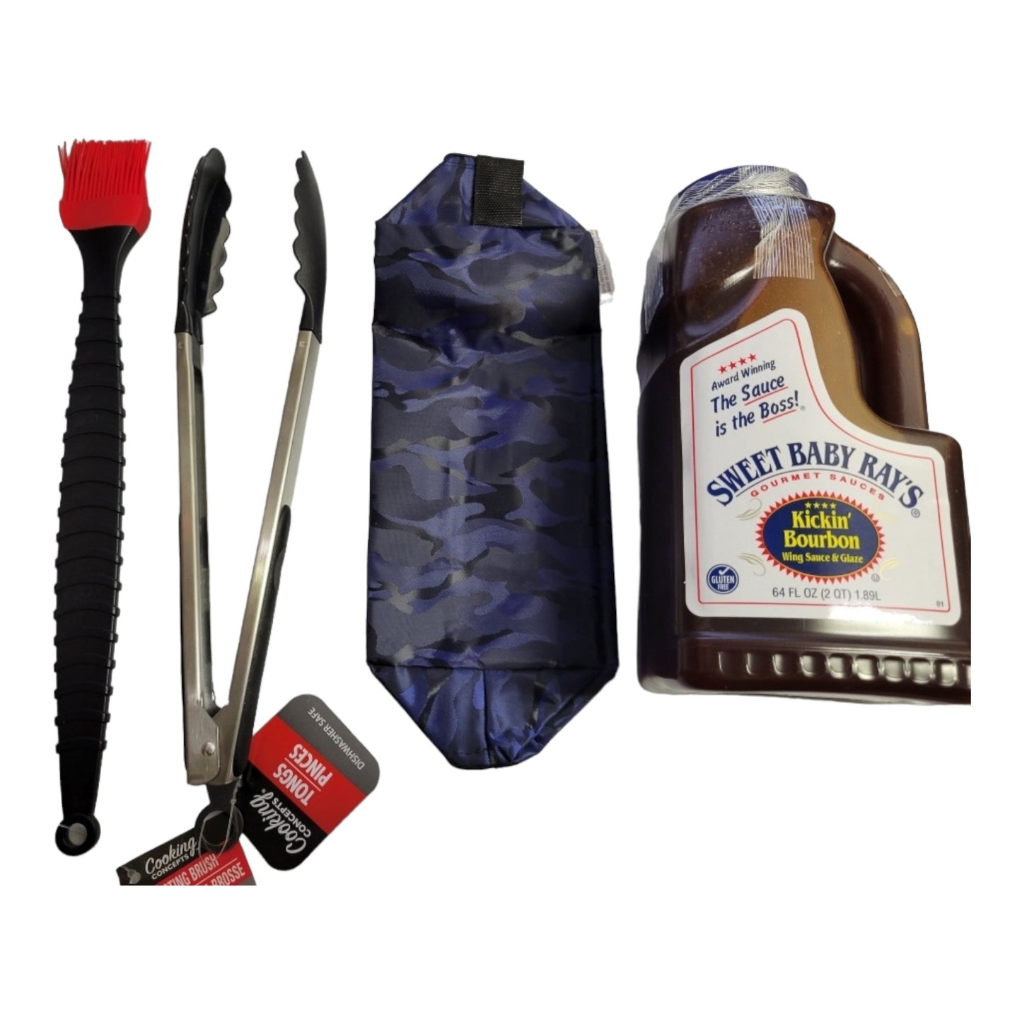 Mens Father's Day Grill Bundle, includes Mens travel bag, 1 jug 64oz of Sweet Baby Rays Sauce, Grill Tongs and basting Brush. Gifts for him, Valentines Gift for him