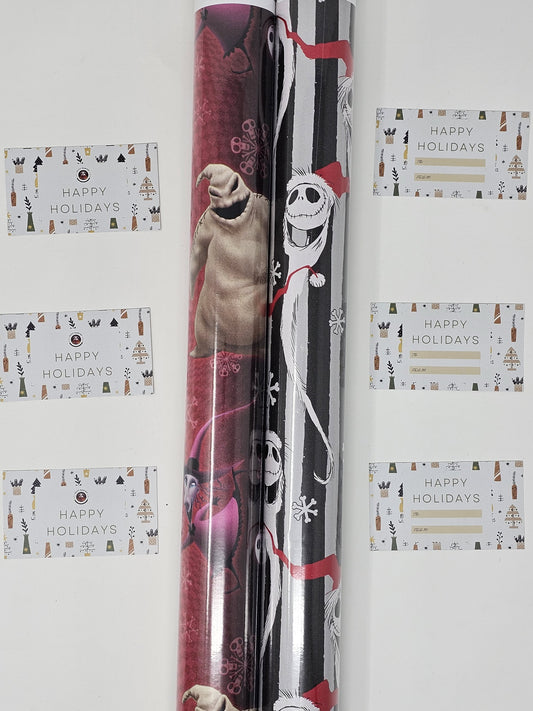 2 Rolls of Nightmare Before Christmas Wrapping Paper, 1 Roll 60 Sq Ft of Nightmare Before Christmas Jack Skellington Snowy Wrapping paper and 1 Roll 60 Sq Ft of Oogie Boogie, Barrel, Sally and Jack Skellington Wrapping Paper, With 6 Holiday Gift Tags.