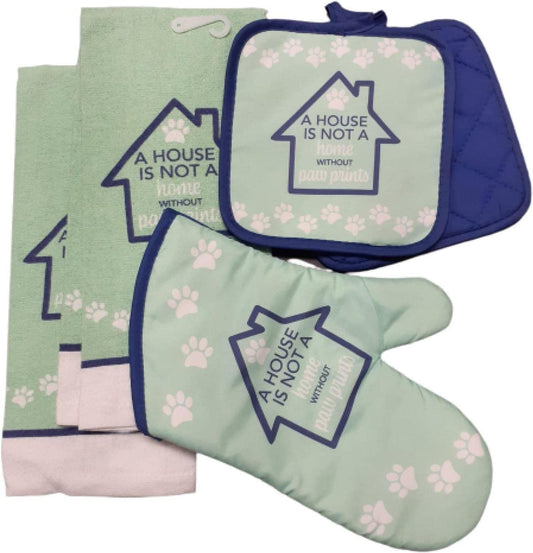 A House is Not A Home Without Paw Prints Decorative Kitchen Linen Set, 1 Oven Mitt, 2 Pot Holders, Hot Pads, 2 Dish Towels, Gift for Pet Lovers
