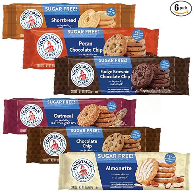 Sugar Free Cookies by Voortman | 6 Unique Flavors | Chocolate Chip, Fudge Brownie, Shortbread, Pecan Chocolate Chip, Oatmeal and Iced Almonette