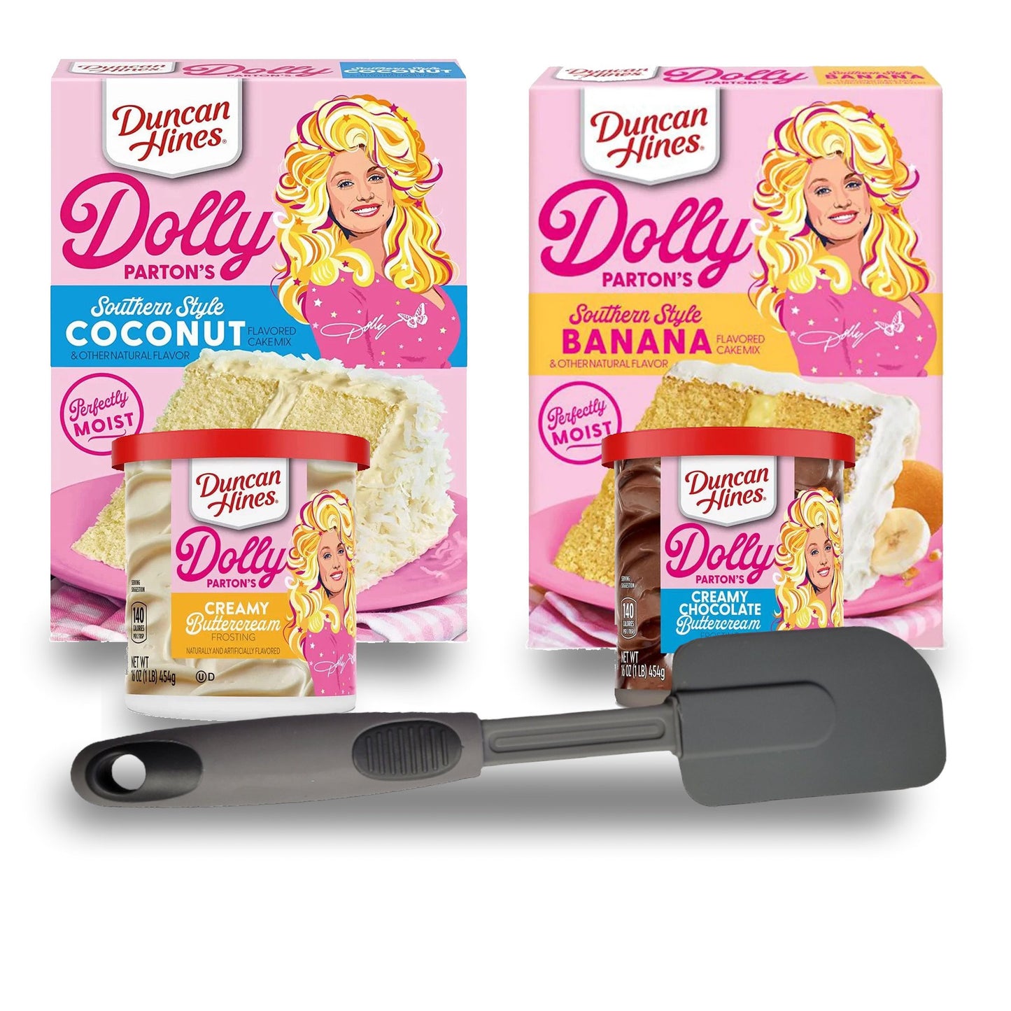 Duncan Hines Dolly Parton's Banana And Coconut Cake Mixes with Buttercream and Chocolate Frostings and Spatula - 5 item bundle