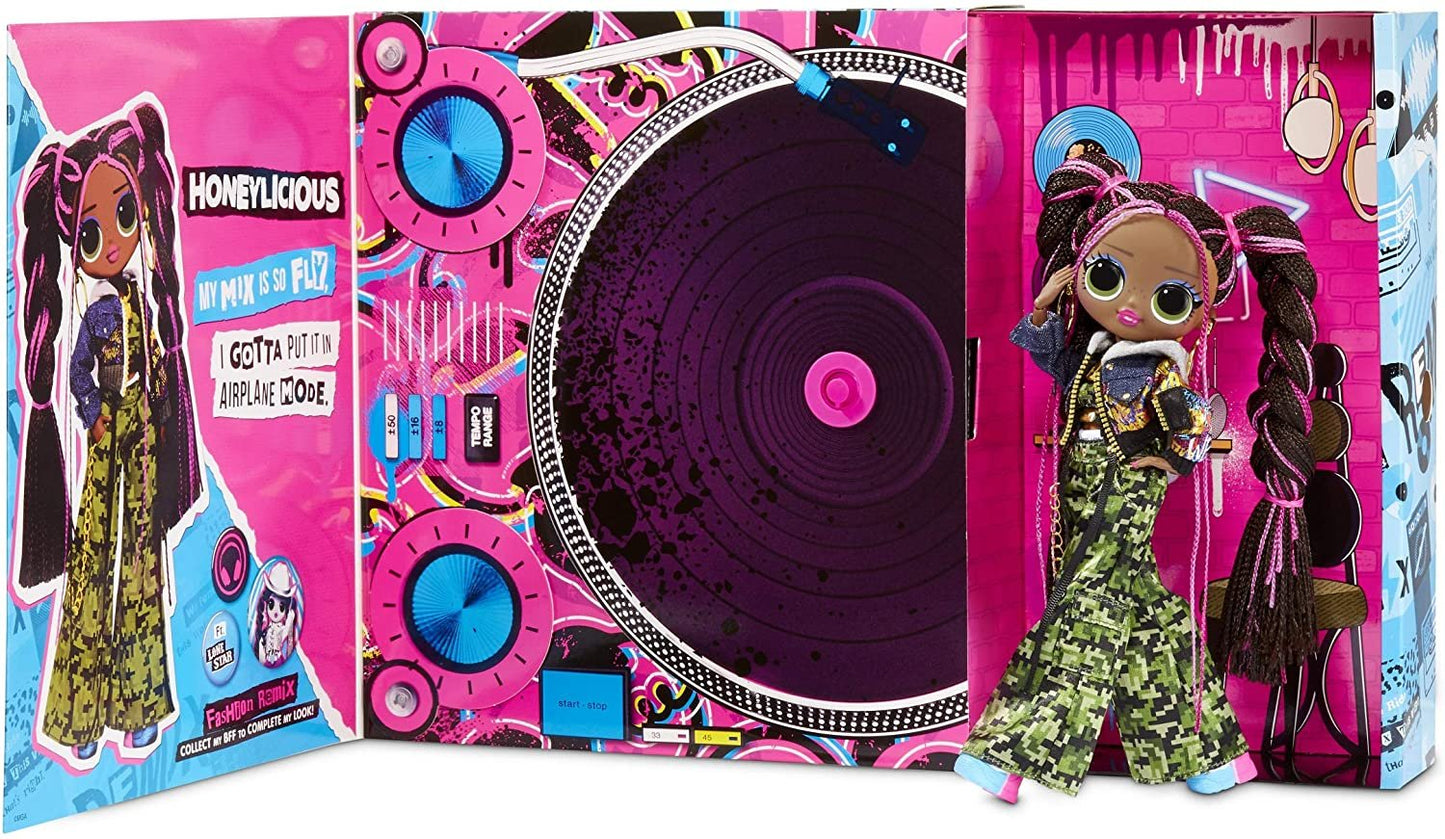 LOL Surprise OMG Remix Honeylicious Fashion Doll, Plays Music with 25 Surprises Including Shoes, Hair Brush, Doll Stand, Magazine, and Record Player Package - For Girls Ages 4+