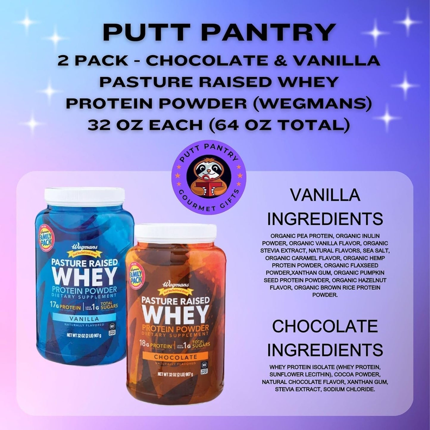 2 Pack Wegmans Pasture Raised Whey Protein Powder | Naturally Flavored 32 oz Chocolate and 32 oz Vanilla | 4 lbs Total