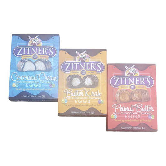 Zitner's Chocolate Eggs Variety Pack: Cocoanut Cream, Peanut Butter, Butter Krak, 8 Eggs, 3 Count 9 oz. Boxes, 1 box of Each Flavor
