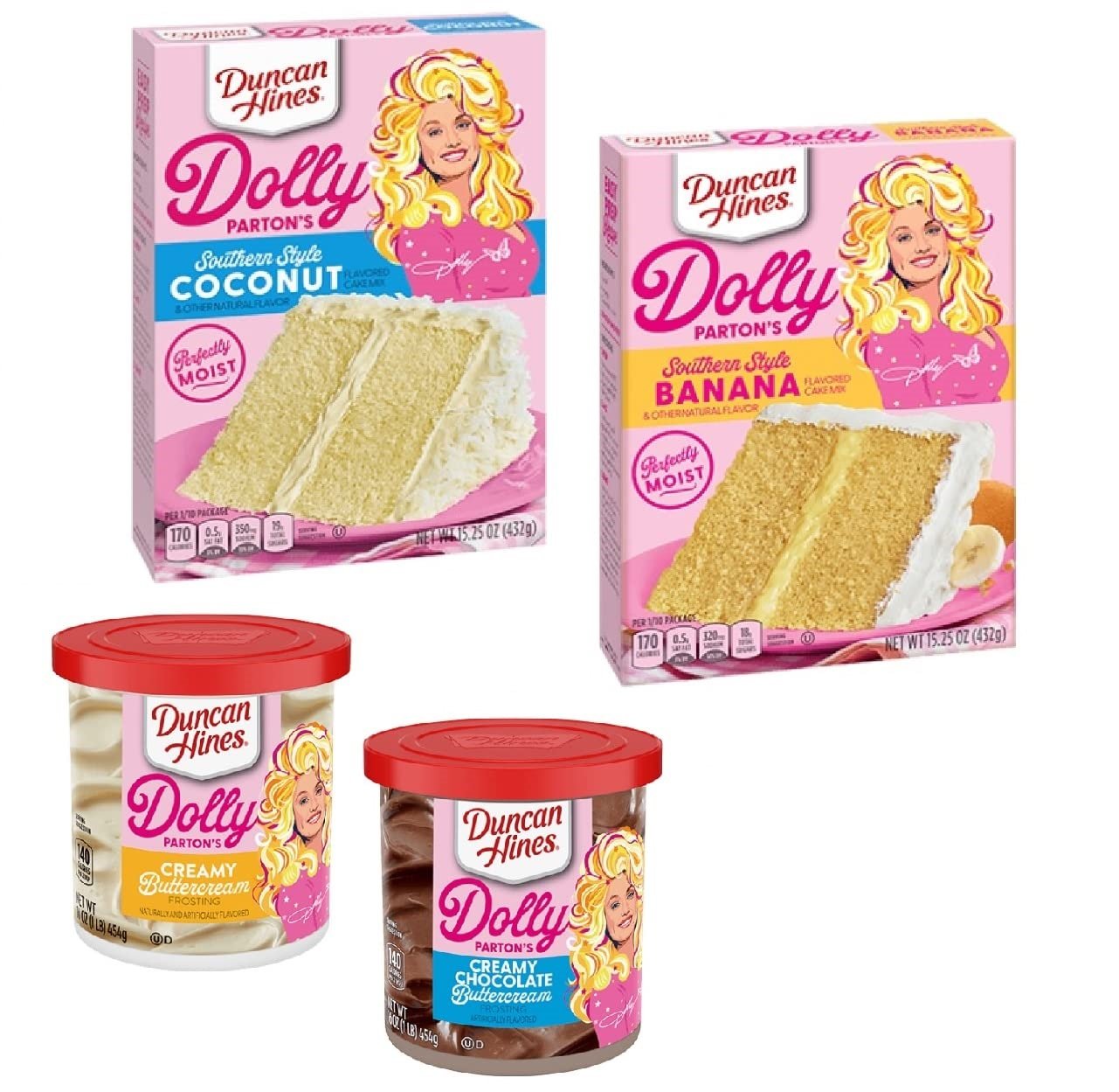 Duncan Hines Dolly Parton's Banana And Coconut Cake Mixes with Buttercream and Chocolate Frostings and Spatula - 5 item bundle