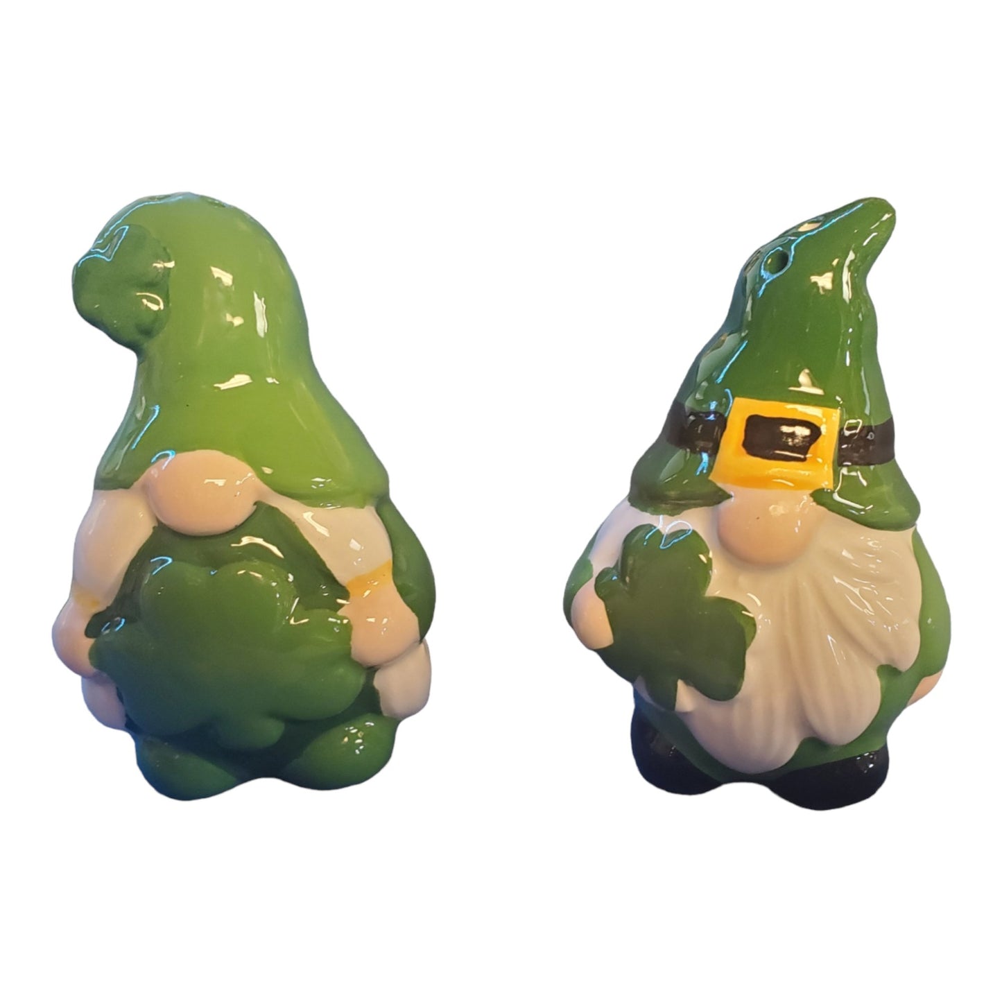 Putt Pantry St. Patricks Day Gnome Decor Bundle, 2 Decorative St Patty Kitchen Towels, Set of Gnome Salt and Pepper Shakers, 1 lb of Milk Chocolate Mint Truffles, packaged by Putt Pantry in a Wire Basket.