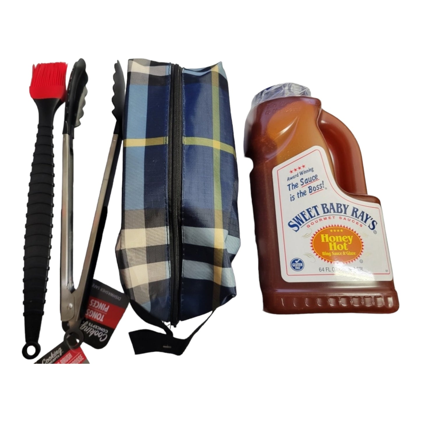 Mens Father's Day Grill Bundle, includes Mens travel bag, 1 jug 64oz of Sweet Baby Rays Sauce, Grill Tongs and basting Brush. Gifts for him, Valentines Gift for him