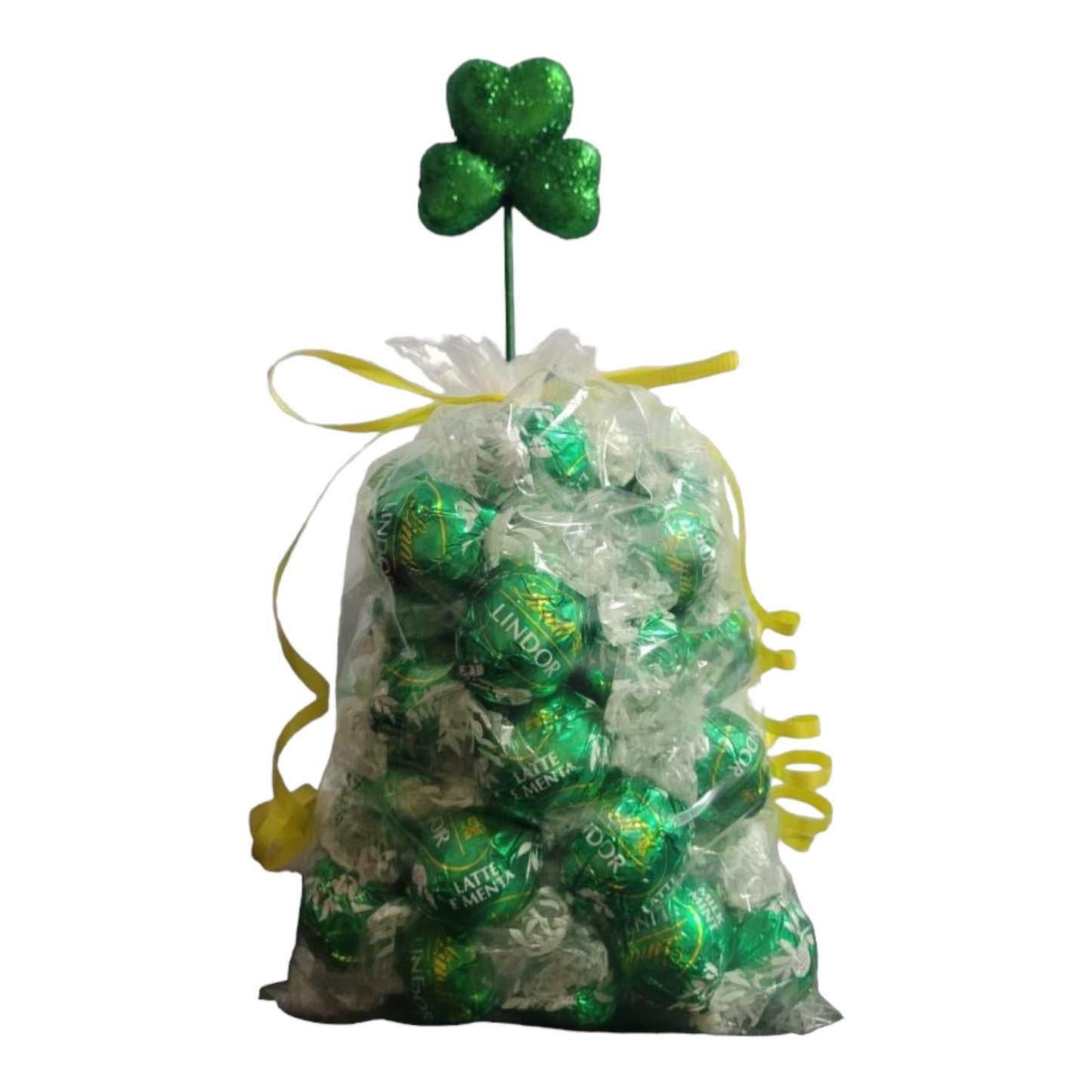Putt Pantry St. Patricks Day Gnome Decor Bundle, 2 Decorative St Patty Kitchen Towels, Set of Gnome Salt and Pepper Shakers, 1 lb of Milk Chocolate Mint Truffles, packaged by Putt Pantry in a Wire Basket.