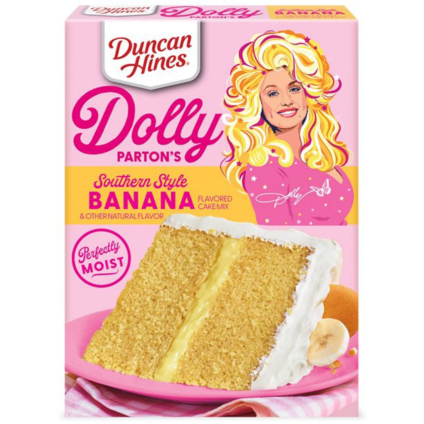 Duncan Hine's Dolly Parton's Favorite Southern-Style Banana Cake Mix with Spatula Gift Set! Banana Flavored Cake Mix With Chocolate Frosting.