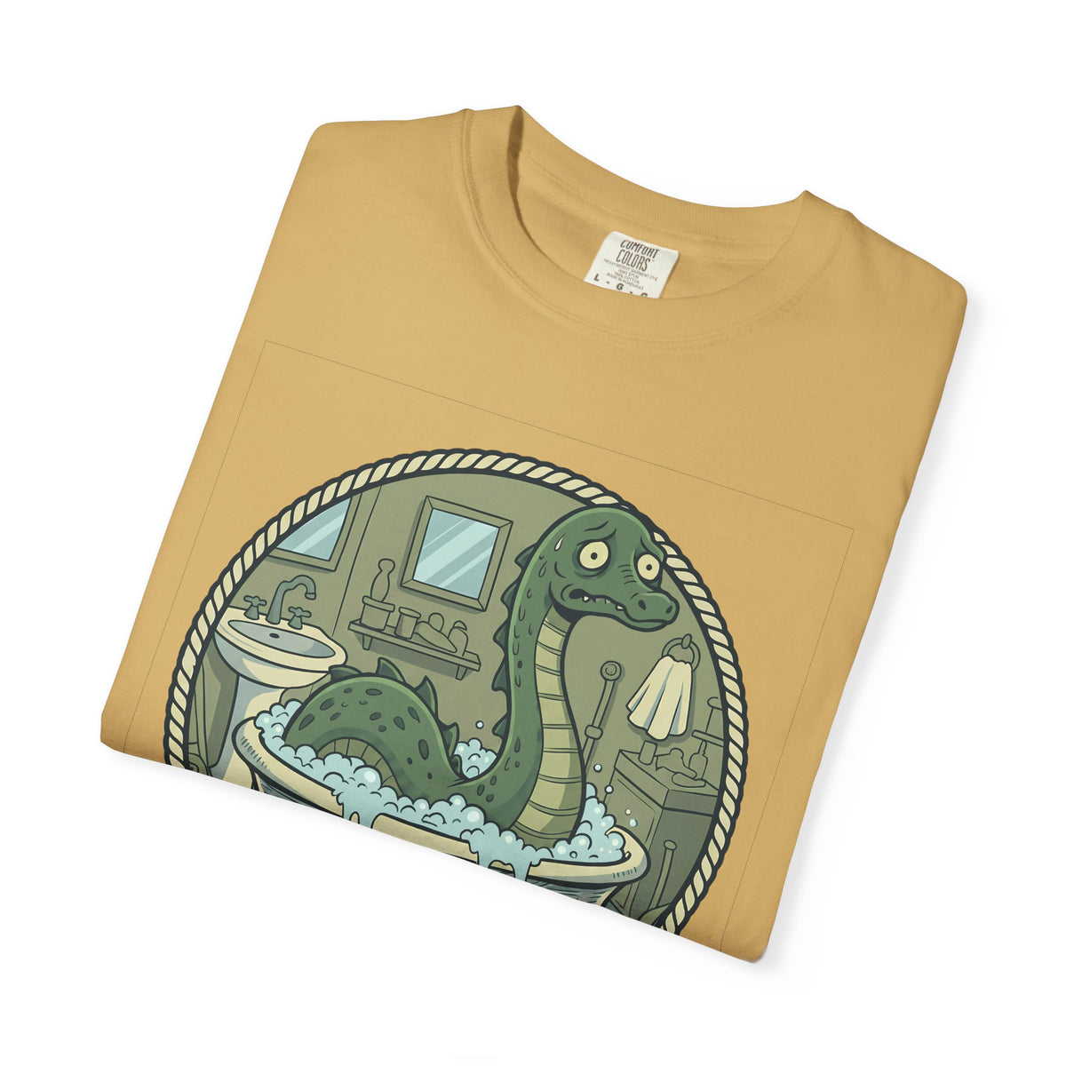 Tummy Hurt Loch Ness Monster bathing in tub T-Shirt | Funny Nessie Illustration