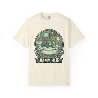 Tummy Hurt Loch Ness Monster bathing in tub T-Shirt | Funny Nessie Illustration
