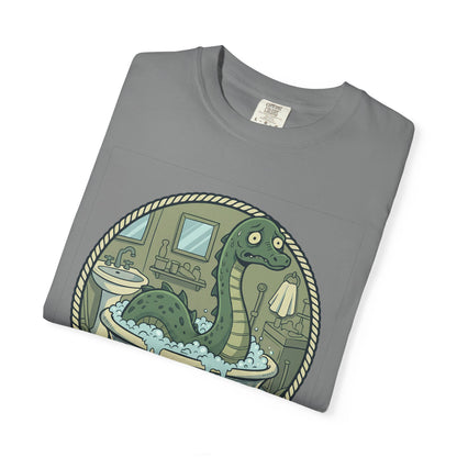 Tummy Hurt Loch Ness Monster bathing in tub T-Shirt | Funny Nessie Illustration