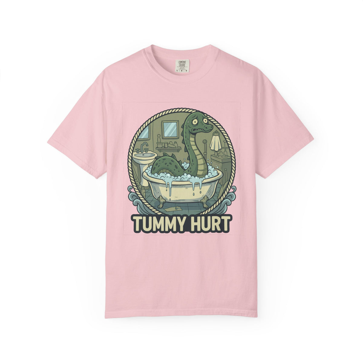 Tummy Hurt Loch Ness Monster bathing in tub T-Shirt | Funny Nessie Illustration