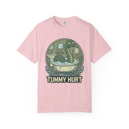 Tummy Hurt Loch Ness Monster bathing in tub T-Shirt | Funny Nessie Illustration