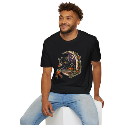 Halloween Black Cat T-Shirt | Mischievous Moonlit Window Art