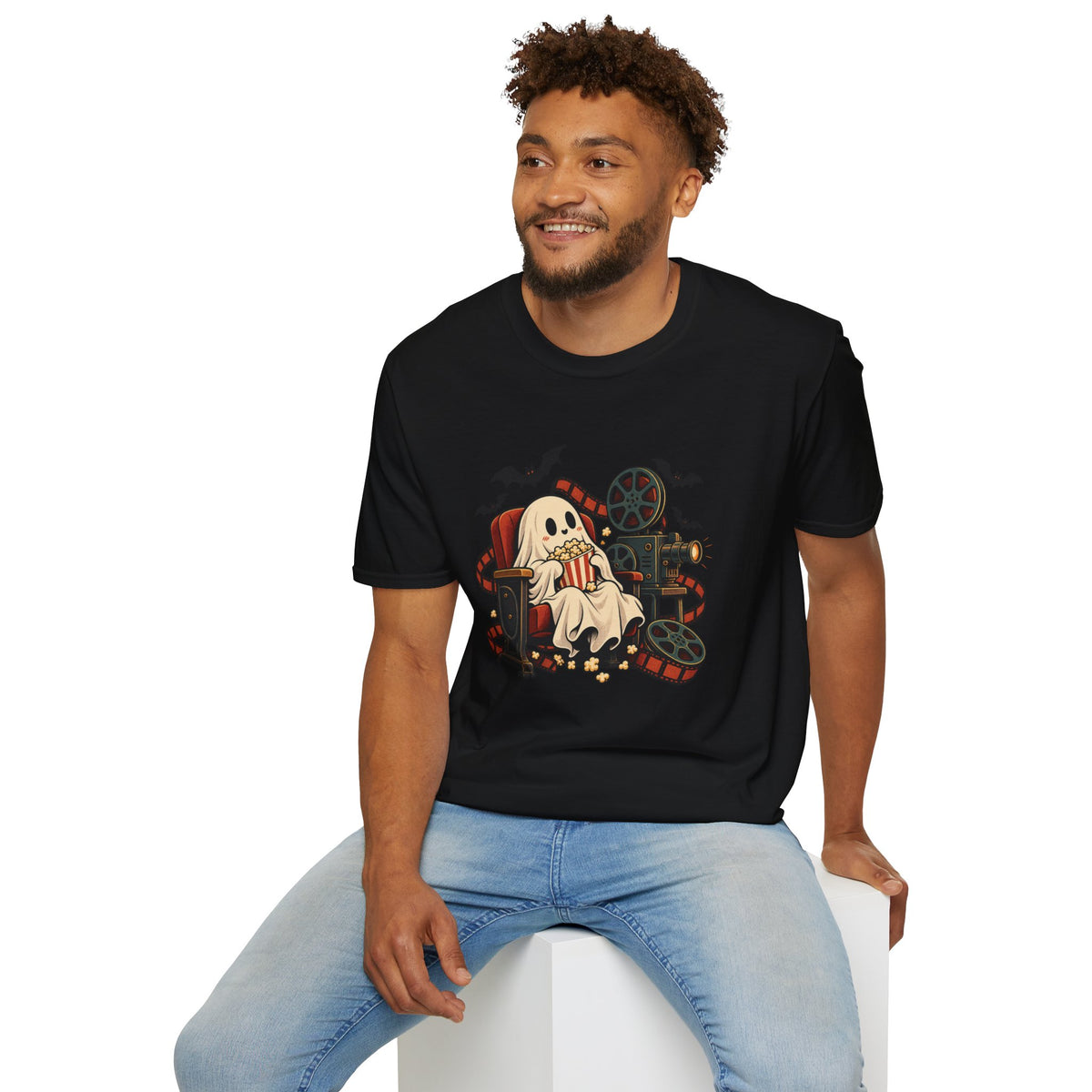 Halloween Movie Night T-Shirt | Cozy Ghost Cinema Art