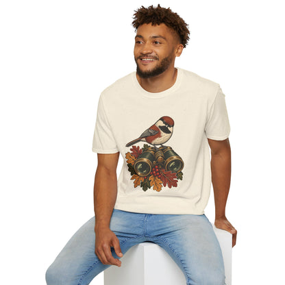 Birdwatcher T-Shirt | Chickadee and Vintage Binoculars Art
