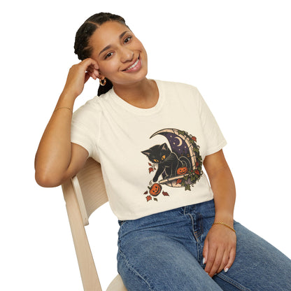 Halloween Black Cat T-Shirt | Mischievous Moonlit Window Art