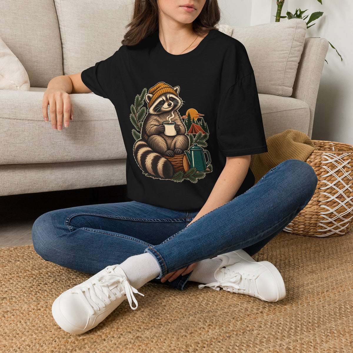Camping Coffee T-Shirt | Cozy Raccoon Campsite Art