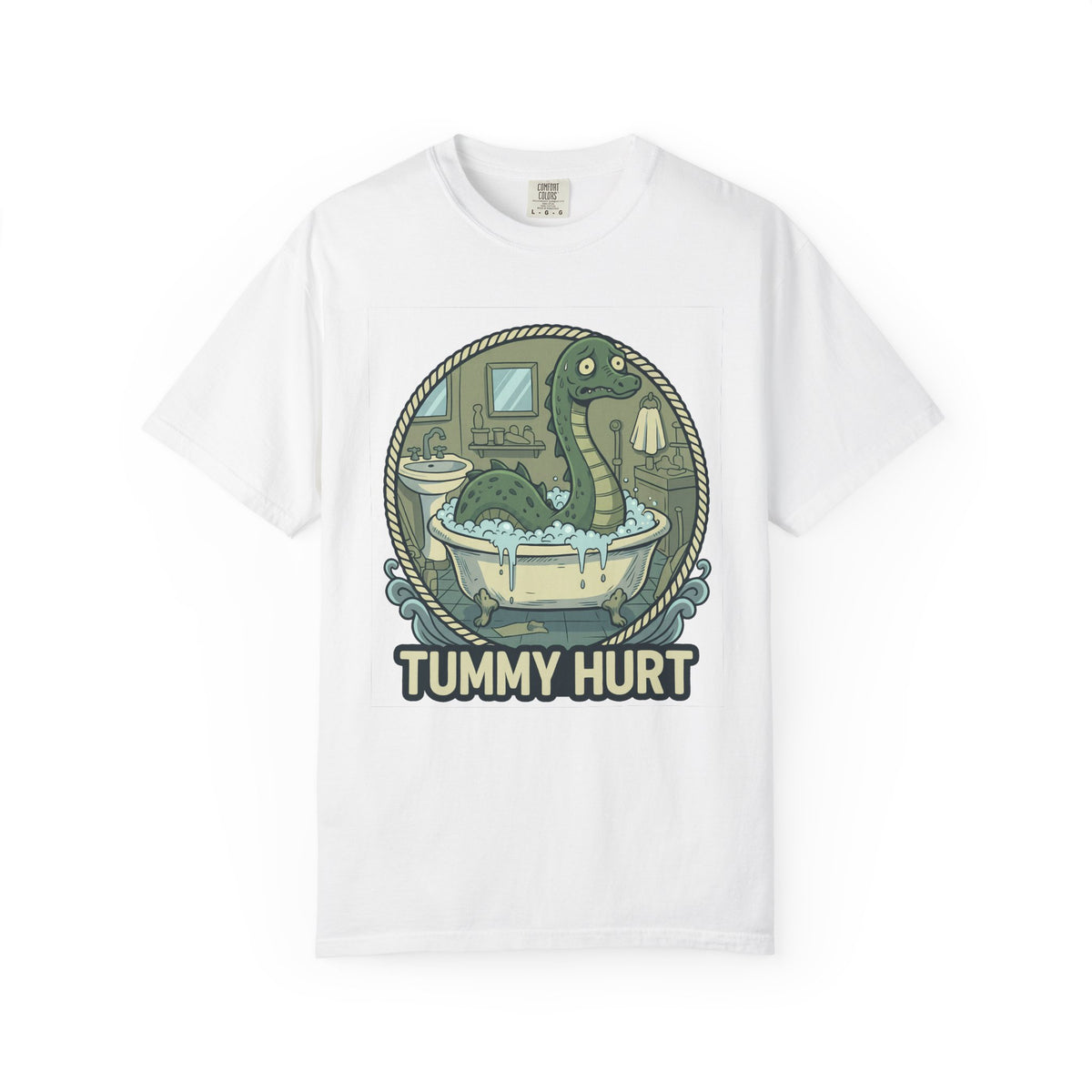 Tummy Hurt Loch Ness Monster bathing in tub T-Shirt | Funny Nessie Illustration