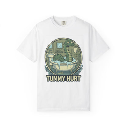 Tummy Hurt Loch Ness Monster bathing in tub T-Shirt | Funny Nessie Illustration
