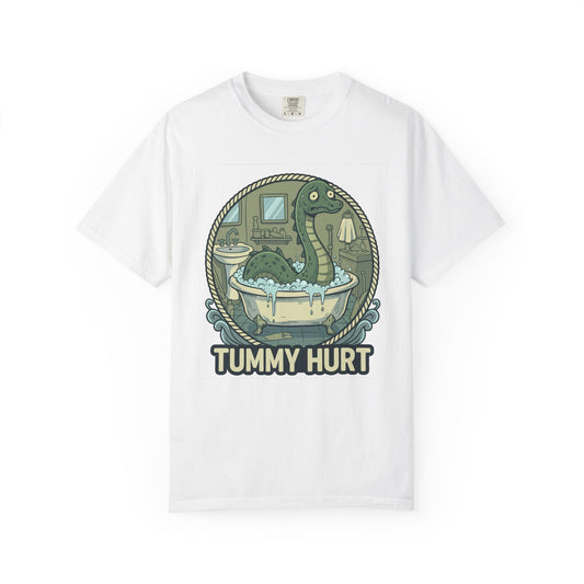 Tummy Hurt Loch Ness Monster bathing in tub T-Shirt | Funny Nessie Illustration