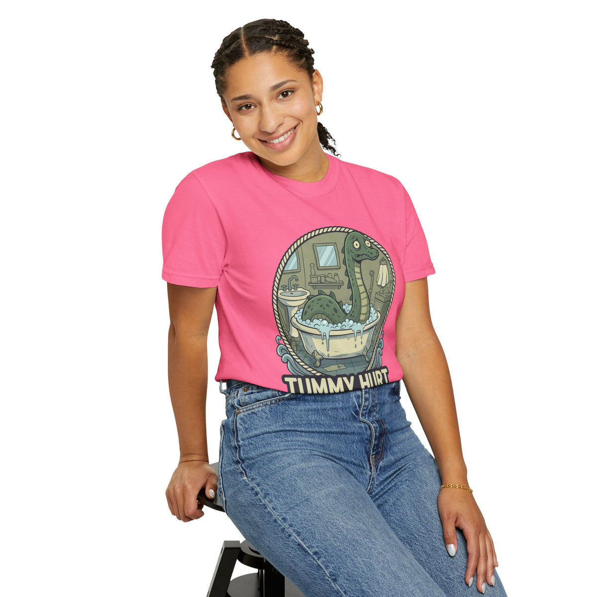 Tummy Hurt Loch Ness Monster bathing in tub T-Shirt | Funny Nessie Illustration