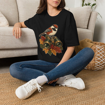 Birdwatcher T-Shirt | Chickadee and Vintage Binoculars Art