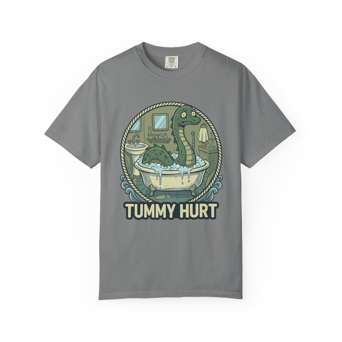 Tummy Hurt Loch Ness Monster bathing in tub T-Shirt | Funny Nessie Illustration