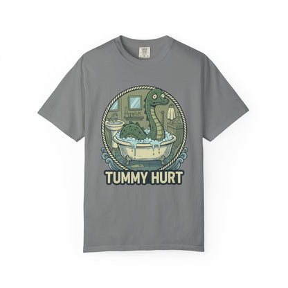 Tummy Hurt Loch Ness Monster bathing in tub T-Shirt | Funny Nessie Illustration