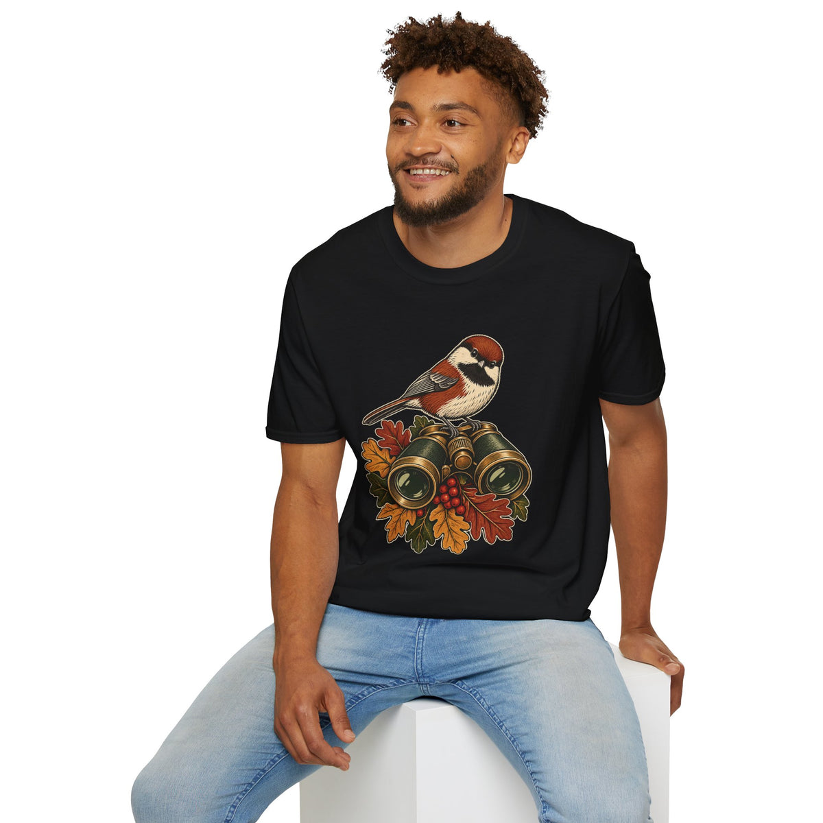 Birdwatcher T-Shirt | Chickadee and Vintage Binoculars Art