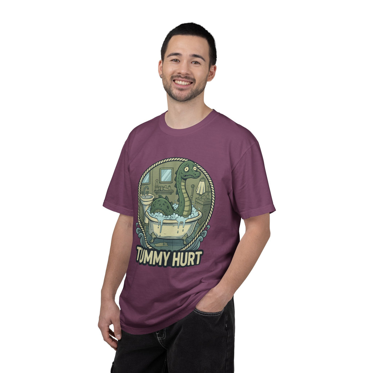 Tummy Hurt Loch Ness Monster bathing in tub T-Shirt | Funny Nessie Illustration