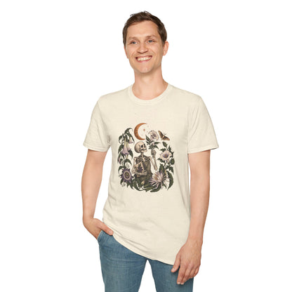 Gothic Gardener T-Shirt | Skeleton and Night-Blooming Flowers