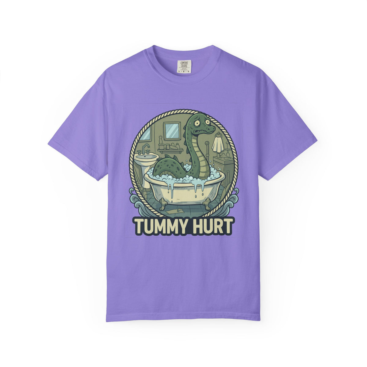 Tummy Hurt Loch Ness Monster bathing in tub T-Shirt | Funny Nessie Illustration