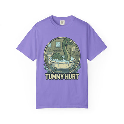 Tummy Hurt Loch Ness Monster bathing in tub T-Shirt | Funny Nessie Illustration