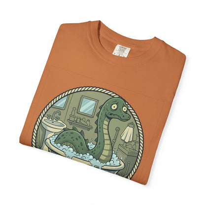 Tummy Hurt Loch Ness Monster bathing in tub T-Shirt | Funny Nessie Illustration