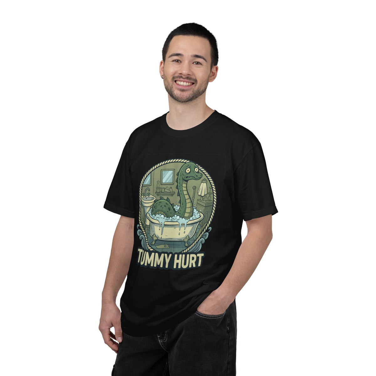 Tummy Hurt Loch Ness Monster bathing in tub T-Shirt | Funny Nessie Illustration