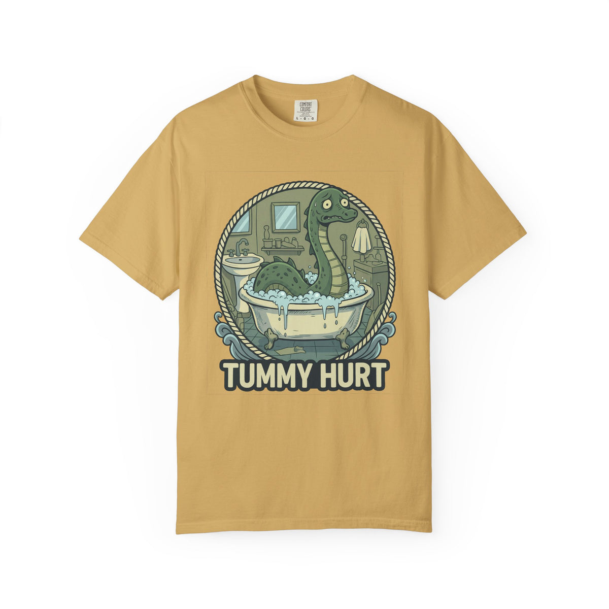 Tummy Hurt Loch Ness Monster bathing in tub T-Shirt | Funny Nessie Illustration