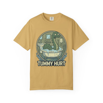 Tummy Hurt Loch Ness Monster bathing in tub T-Shirt | Funny Nessie Illustration