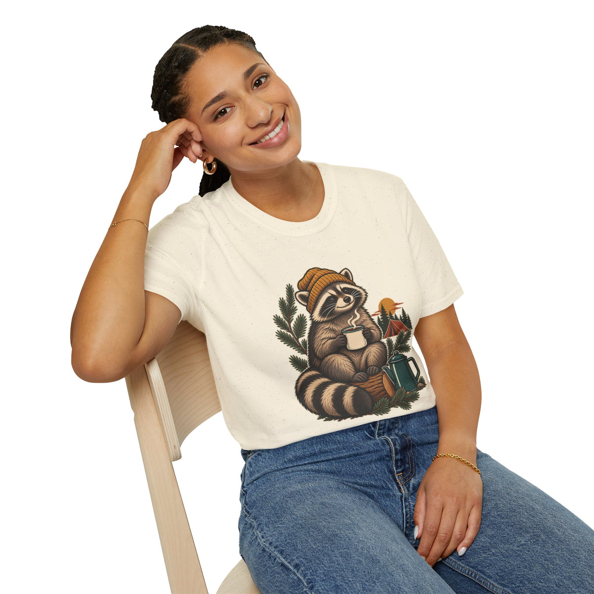 Camping Coffee T-Shirt | Cozy Raccoon Campsite Art