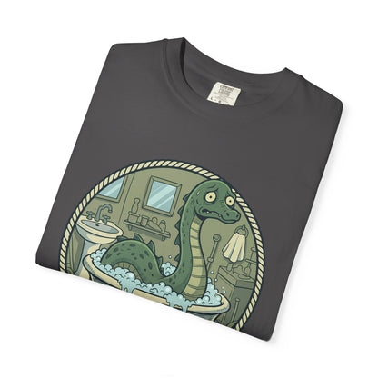 Tummy Hurt Loch Ness Monster bathing in tub T-Shirt | Funny Nessie Illustration