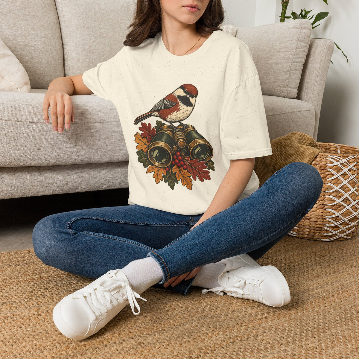 Birdwatcher T-Shirt | Chickadee and Vintage Binoculars Art